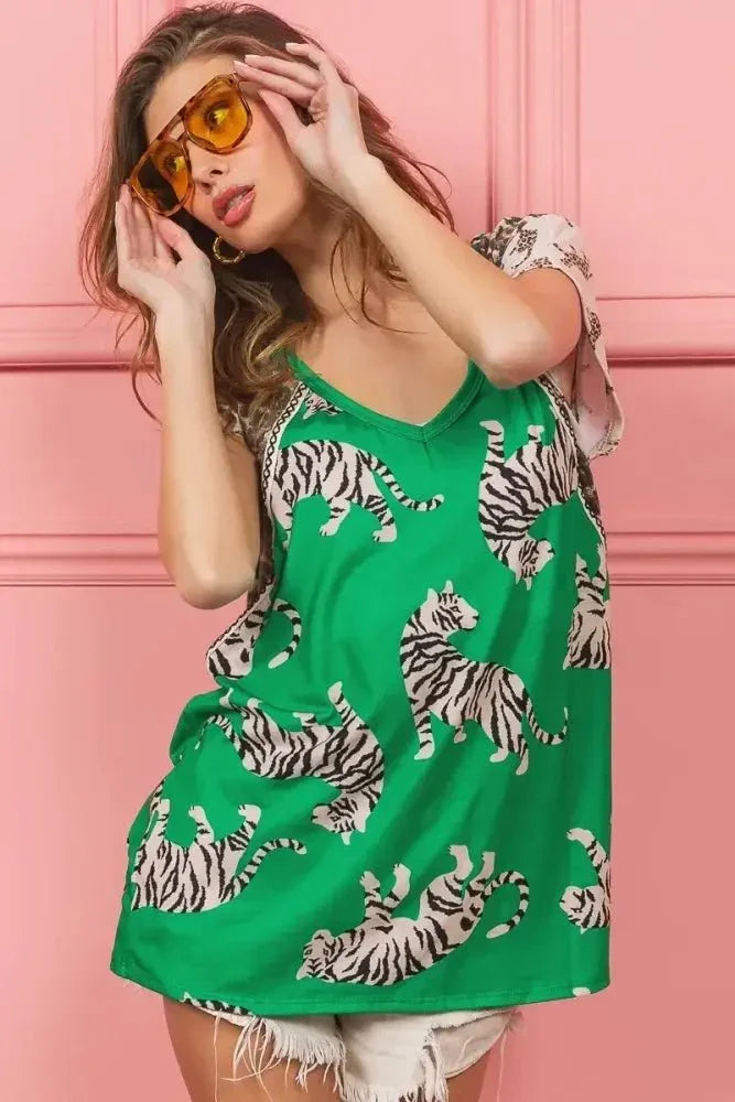 BiBi Tiger Printed Jersey Block T-Shirt with Aztec Trim - Update AvenueT-ShirtsTrendsi100100234031481100100234031481BiBi Tiger Printed Jersey Block T-Shirt with Aztec TrimGREEN