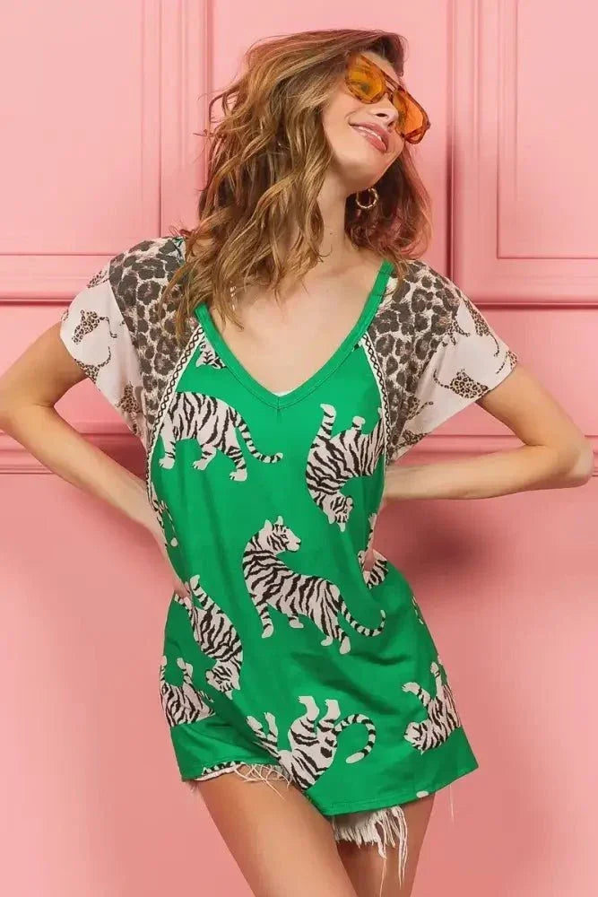 BiBi Tiger Printed Jersey Block T-Shirt with Aztec Trim - Update AvenueT-ShirtsTrendsi100100234031481100100234031481BiBi Tiger Printed Jersey Block T-Shirt with Aztec TrimGREEN