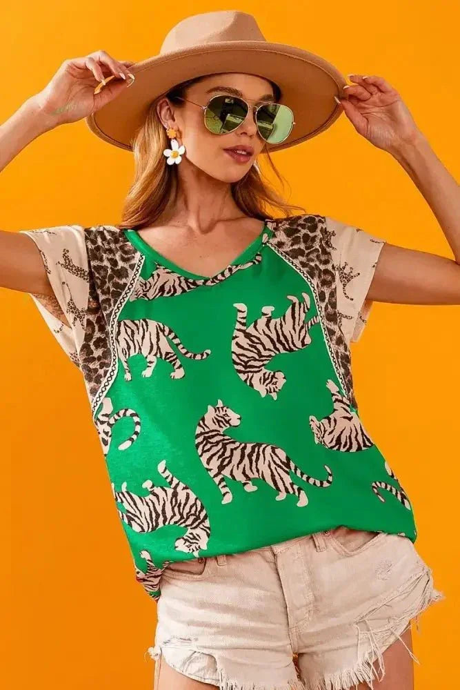 BiBi Tiger Printed Jersey Block T-Shirt with Aztec Trim - Update AvenueT-ShirtsTrendsi100100234031481100100234031481BiBi Tiger Printed Jersey Block T-Shirt with Aztec TrimGREEN