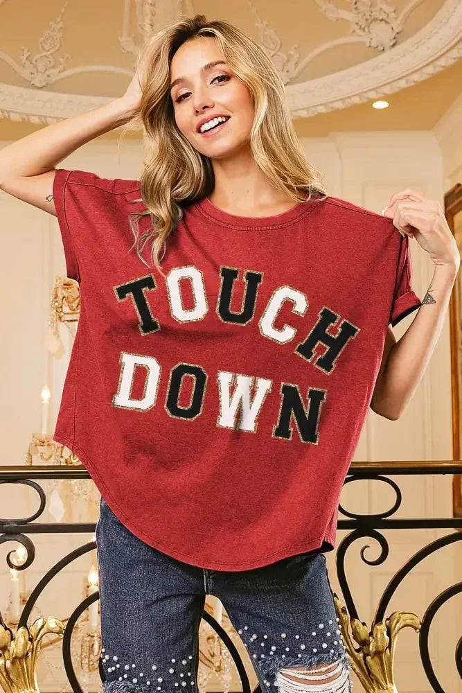 BiBi Touchdown Letter Loose Fit Vintage Washed Top - Update AvenueT-ShirtsTrendsi1001007585419861001007585419868990f42cefba4e79adc489aec7932775 - Max - OriginRED/BLACK