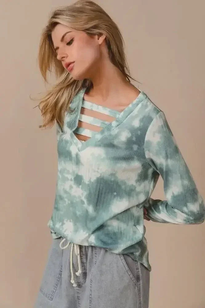 BiBi Variegated Tie Dye Rib V - Neck Top with Strapped - Update AvenueT-ShirtsTrendsi1001007484314131001007484314130cf7a857a4a64b93a2a382630c61fadf - Max - OriginDUSTY SAGE MULTI