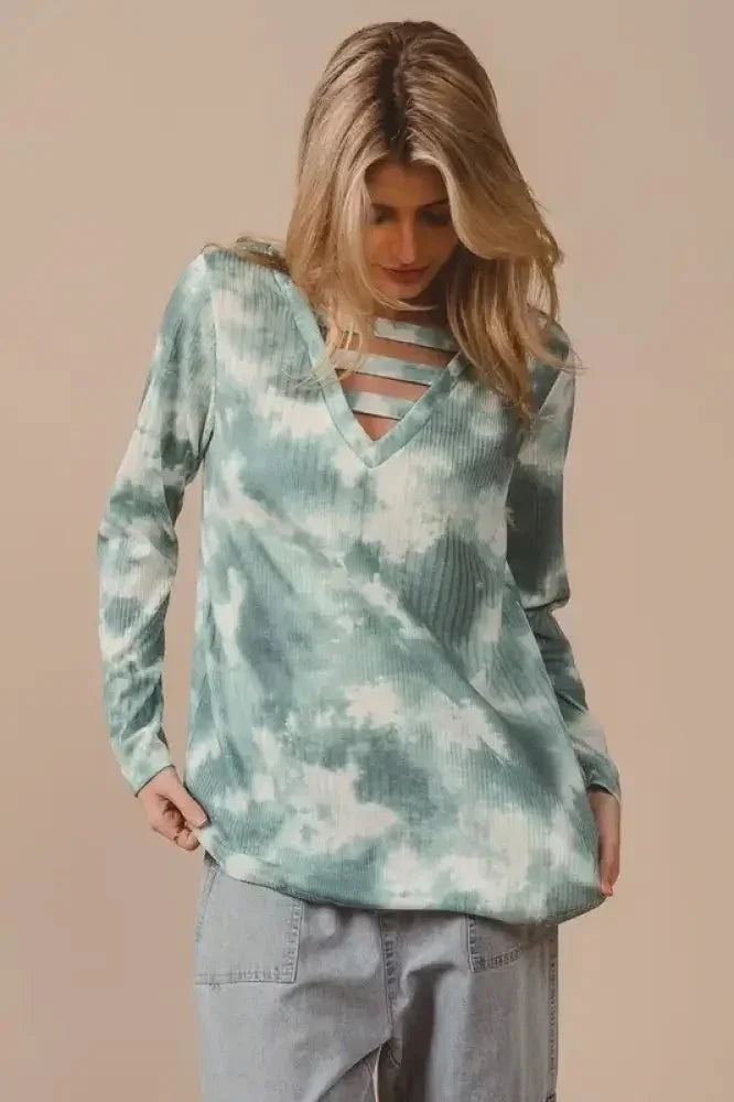 BiBi Variegated Tie Dye Rib V - Neck Top with Strapped - Update AvenueT-ShirtsTrendsi1001007484314131001007484314130253e3bd04694813acfec74a2b686fd7 - Max - OriginDUSTY SAGE MULTI