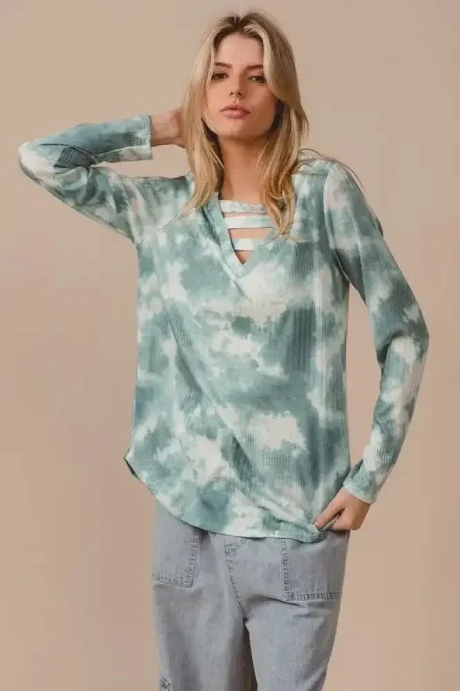 BiBi Variegated Tie Dye Rib V - Neck Top with Strapped - Update AvenueT-ShirtsTrendsi100100748431413100100748431413bbb1230a33a84ecda34b597d41a7a277 - Max - OriginDUSTY SAGE MULTI