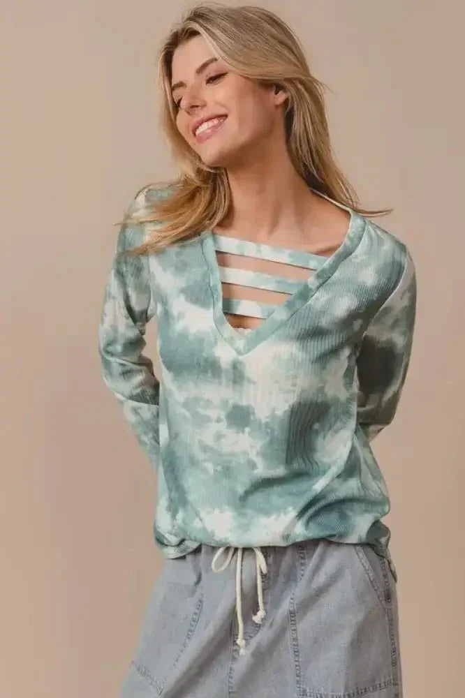 BiBi Variegated Tie Dye Rib V - Neck Top with Strapped - Update AvenueT-ShirtsTrendsi10010074843141310010074843141377fffe7db8d24a51858190d13c0bb556 - Max - OriginDUSTY SAGE MULTI