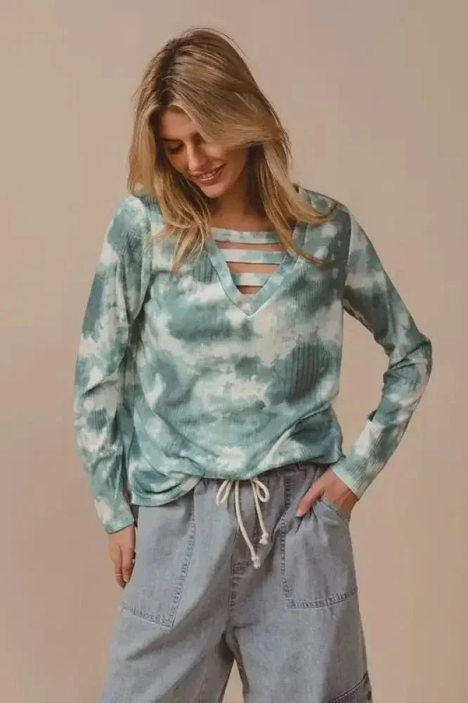 BiBi Variegated Tie Dye Rib V - Neck Top with Strapped - Update AvenueT-ShirtsTrendsi100100748431413100100748431413ebbfe61318f9433b8c71fe7bb811fc23 - Max - OriginDUSTY SAGE MULTI