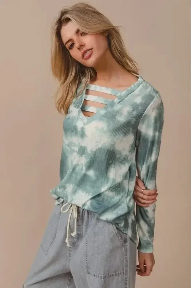 BiBi Variegated Tie Dye Rib V - Neck Top with Strapped - Update AvenueT-ShirtsTrendsi100100748431413100100748431413ff0513fa3f6c49bab8e5adbb8d64bf2b - Max - OriginDUSTY SAGE MULTI