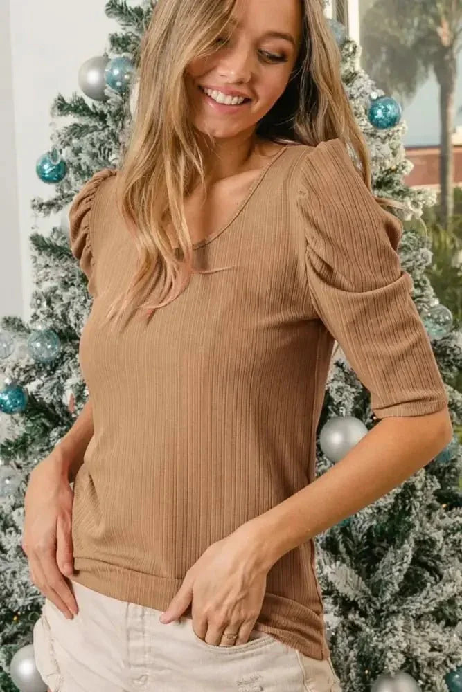 BiBi Verigated Rib Knit Puff Sleeves Shorts Top - Update AvenueT-ShirtsTrendsi100100399661873100100399661873788cadf1 - 6546 - 4fc3 - a44b - d664332e6e80 - Max - OriginTAUPE