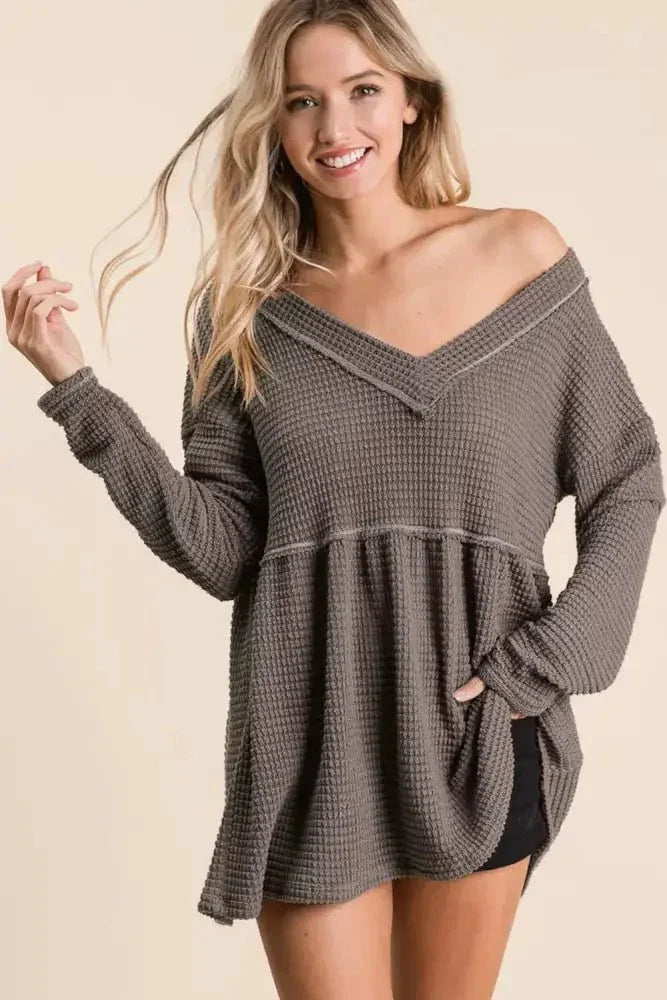 BiBi Waffle Knit V - Neck Babydoll Blouse - Update AvenueTrendsi1001015690466561001015690466568e91b6e7 - b957 - 4c73 - a5b7 - 4eaacbb3e26b - MaxMOCHA