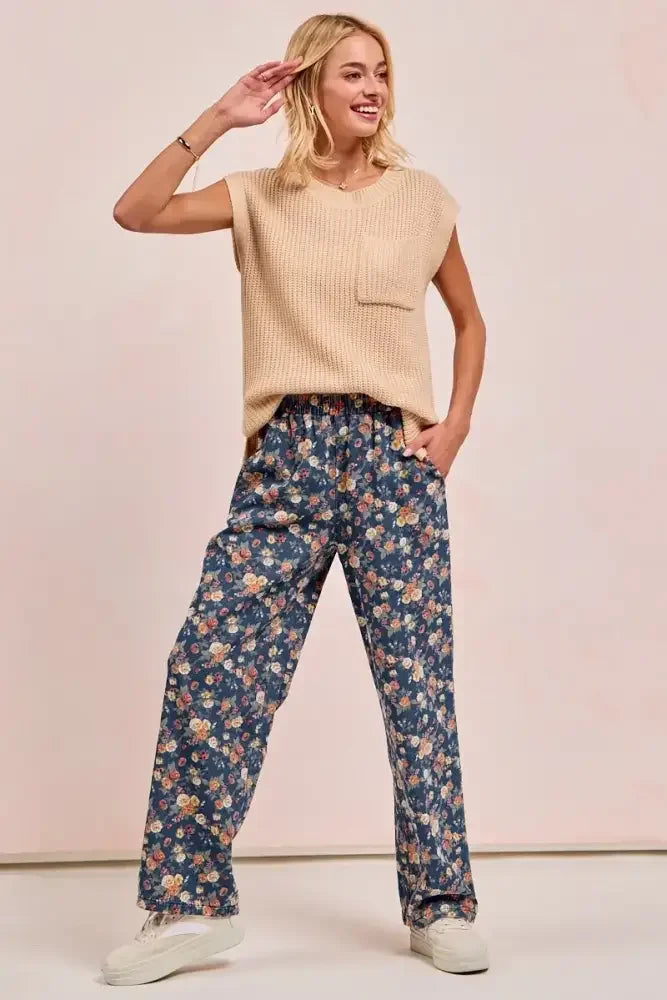 BiBi Washed Floral Print Wide Leg Jeans