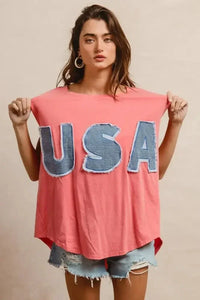 BiBi Washed Jersey With Usa Patched Raw Cut Edge Detail - Update AvenueT-ShirtsTrendsi100100059201496100100059201496d27b4c4b71f54e80be5a9ccf4d5df7df - Max - OriginCORAL/DENIM