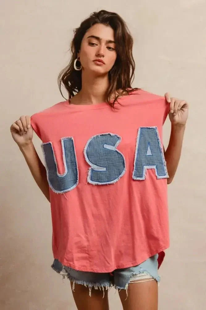 BiBi Washed Jersey With Usa Patched Raw Cut Edge Detail - Update AvenueT-ShirtsTrendsi10010005920149610010005920149646286ce9ab06438f88e34cdf28b05a06 - Max - OriginCORAL/DENIM