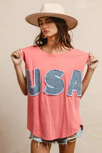 BiBi Washed Jersey With Usa Patched Raw Cut Edge Detail - Update AvenueT-ShirtsTrendsi1001000592014961001000592014968d421dc0bf05467ca633fa446f799e90 - Max - OriginCORAL/DENIM