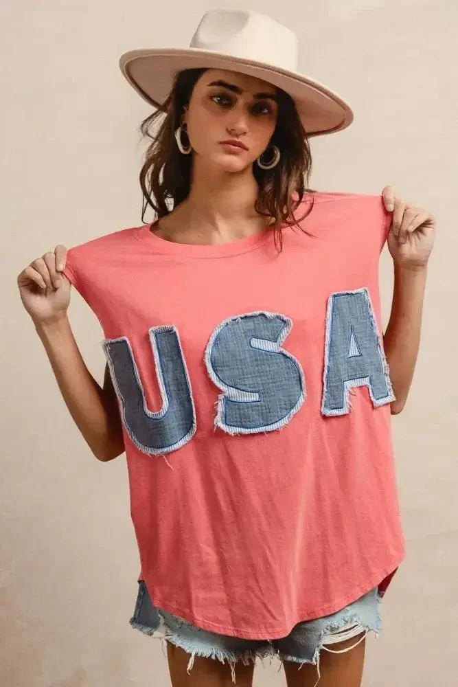 BiBi Washed Jersey With Usa Patched Raw Cut Edge Detail - Update AvenueT-ShirtsTrendsi1001000592014961001000592014964d5f59b822104502a31e1dc1d22193dd - Max - OriginCORAL/DENIM