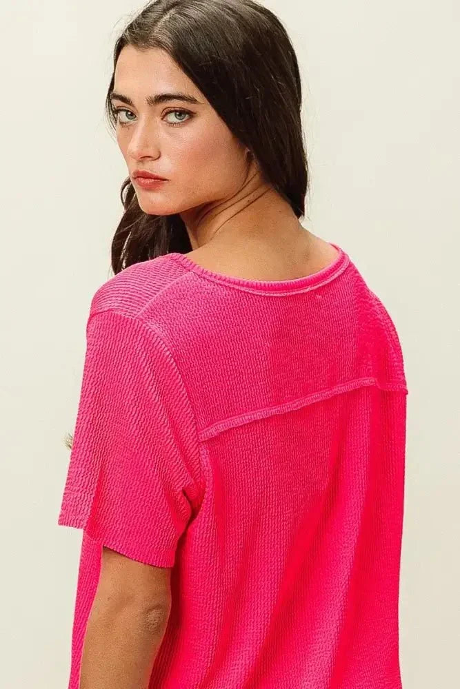 BiBi Waved Rib U Neck Top With Front Pocket - Update AvenueT-ShirtsTrendsi100100312921148100100312921148527a7d521a244a52bfab90fe893453a0 - Max - OriginFUCHSIA