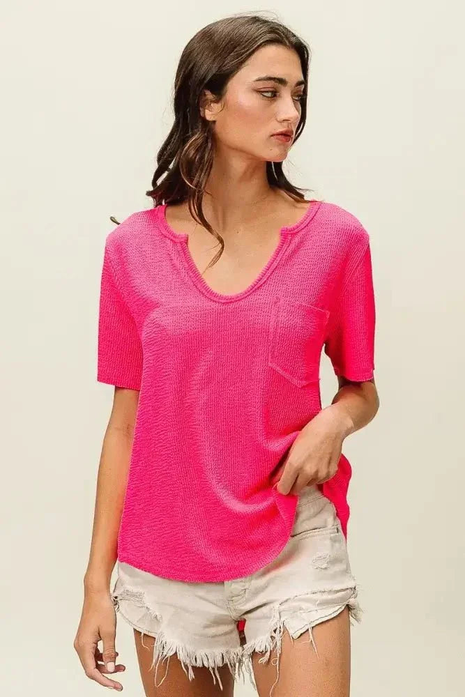 BiBi Waved Rib U Neck Top With Front Pocket - Update AvenueT-ShirtsTrendsi1001003129211481001003129211488879de7a1cbe499899306ae022a29d1a - Max - OriginFUCHSIA