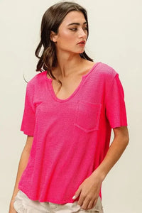 BiBi Waved Rib U Neck Top With Front Pocket - Update AvenueT-ShirtsTrendsi1001003129211481001003129211486ffeed5efd454652a8fa438b9867df79 - Max - OriginFUCHSIA