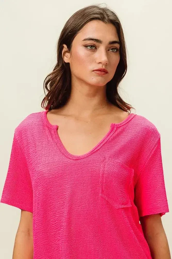 BiBi Waved Rib U Neck Top With Front Pocket - Update AvenueT-ShirtsTrendsi100100312921148100100312921148f186671c338d4076a22d31839a72e45f - Max - OriginFUCHSIA