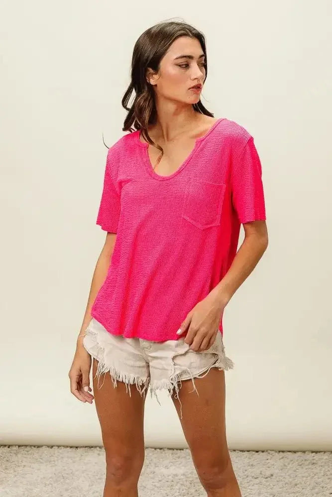 BiBi Waved Rib U Neck Top With Front Pocket - Update AvenueT-ShirtsTrendsi100100312921148100100312921148315efd0ed7cf4c82a090be3b75f07f41 - Max - OriginFUCHSIA