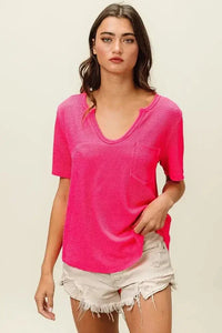 BiBi Waved Rib U Neck Top With Front Pocket - Update AvenueT-ShirtsTrendsi100100312921148100100312921148759b5086556541b59827fee7d46deb60 - Max - OriginFUCHSIA