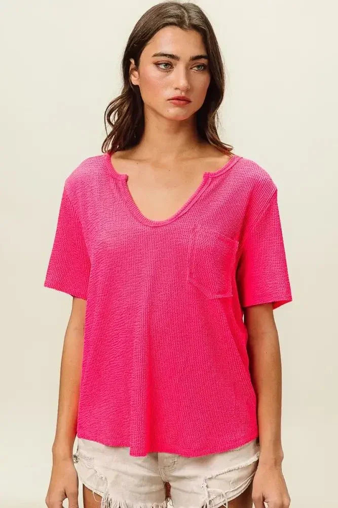 BiBi Waved Rib U Neck Top With Front Pocket - Update AvenueT-ShirtsTrendsi1001003129211481001003129211480f8d306902d541ad9e9de67c6614250c - Max - OriginFUCHSIA