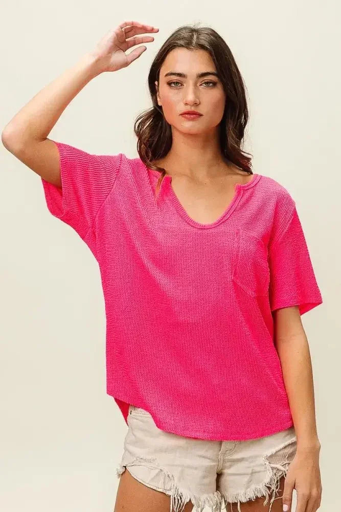 BiBi Waved Rib U Neck Top With Front Pocket - Update AvenueT-ShirtsTrendsi100100312921148100100312921148345c2133f5d8434da731fc53a0ea4fe6 - Max - OriginFUCHSIA