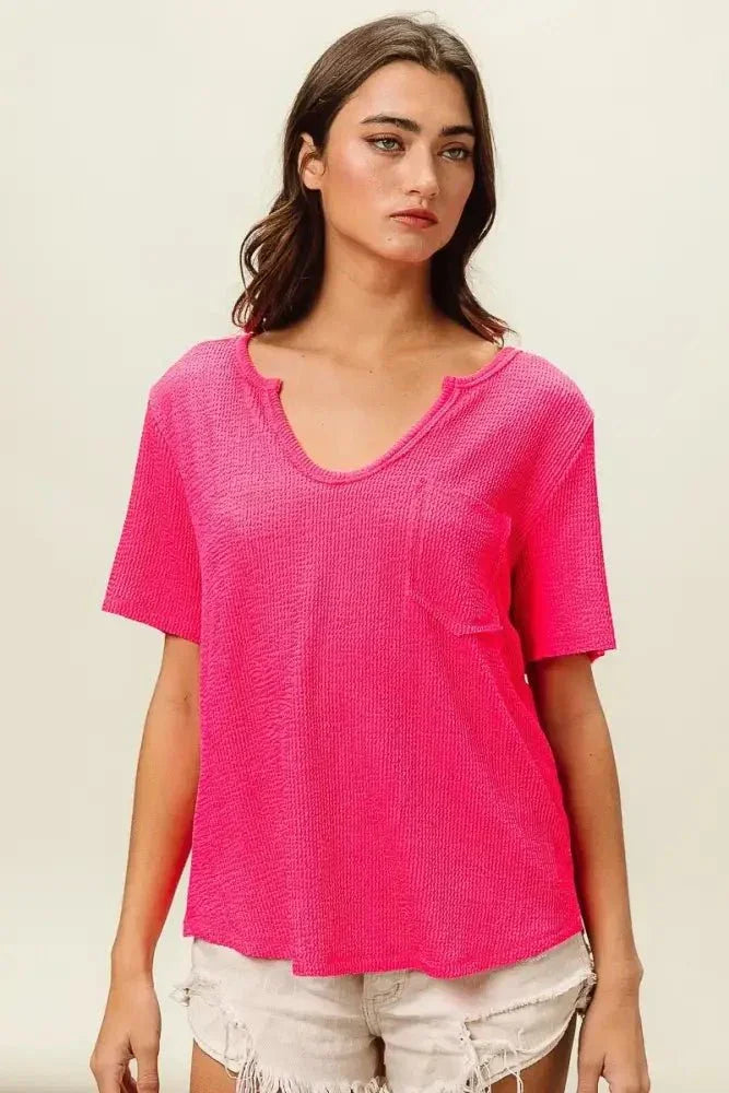 BiBi Waved Rib U Neck Top With Front Pocket - Update AvenueT-ShirtsTrendsi100100312921148100100312921148556a4d4f5a9e4810ac47824db6fb4487 - Max - OriginFUCHSIA