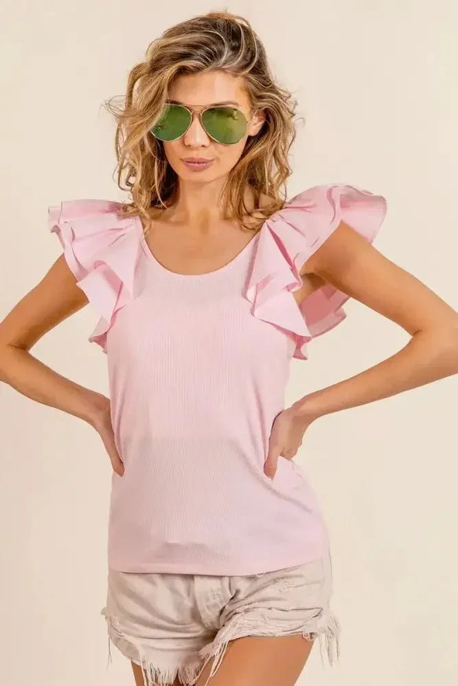 BiBi Wide Layered Ruffle Sleeve Scoop Neck Ribbed Top - Update AvenueT-ShirtsTrendsi100100343481127100100343481127fbf5d4cf5ae74819a62e5bd786cf2612 - Max - OriginLT PINK