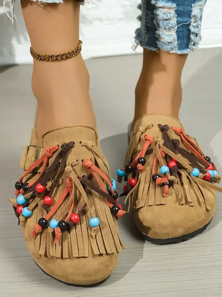 Bohemian Fringe Beaded Slip-Ons
