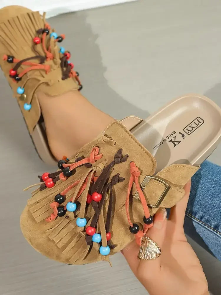 Bohemian Fringe Beaded Slip-Ons