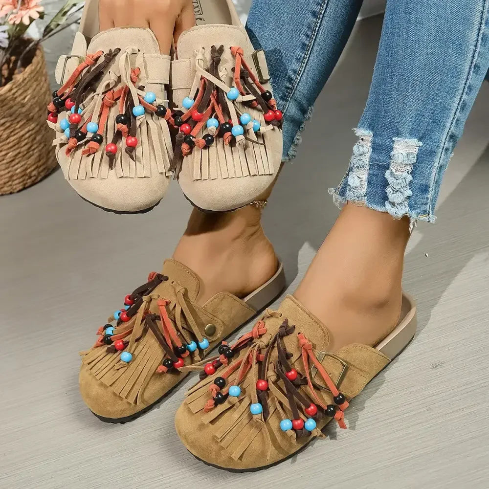 Bohemian Fringe Beaded Slip-Ons