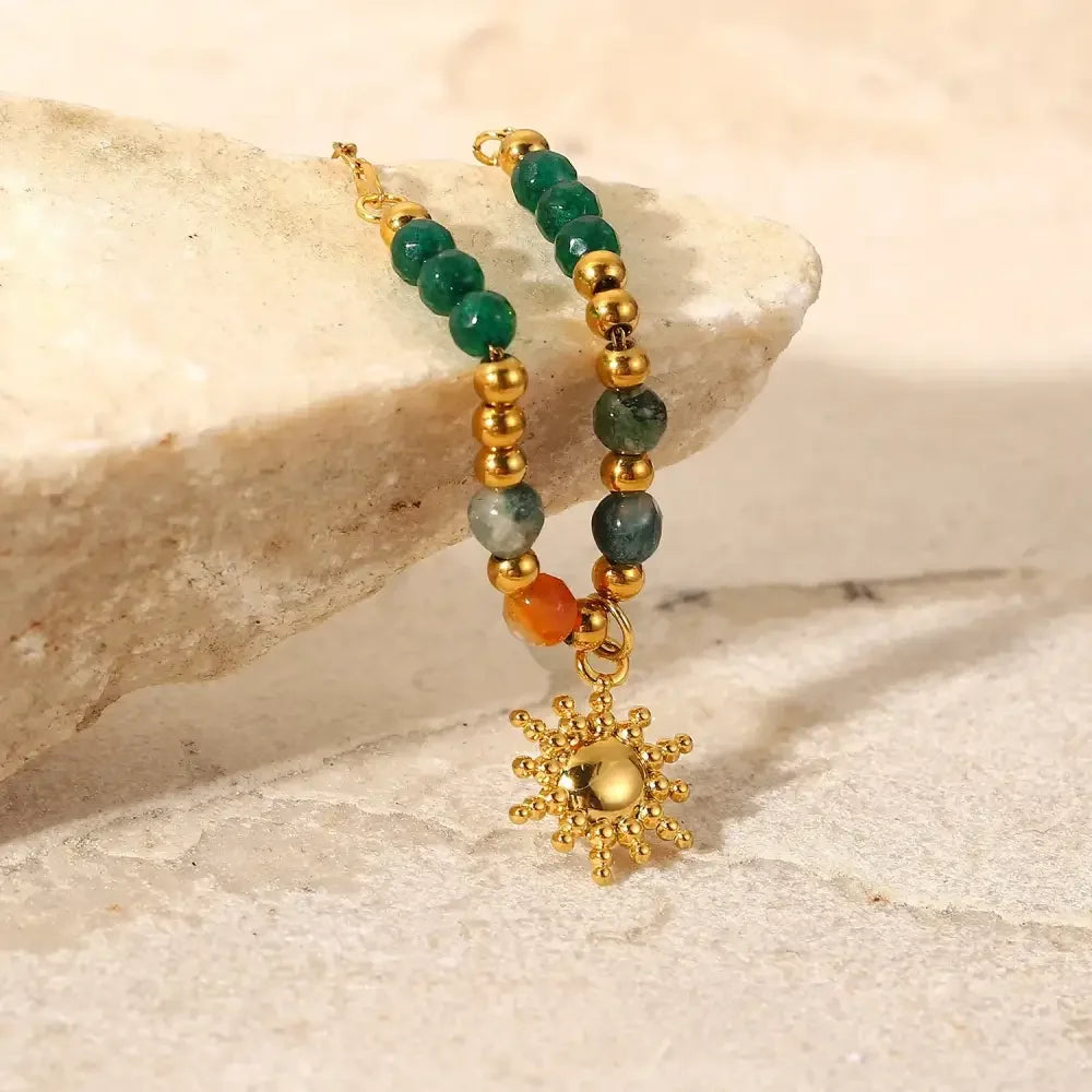 Bohemian Sun Charm Beaded Stainless Steel Necklace