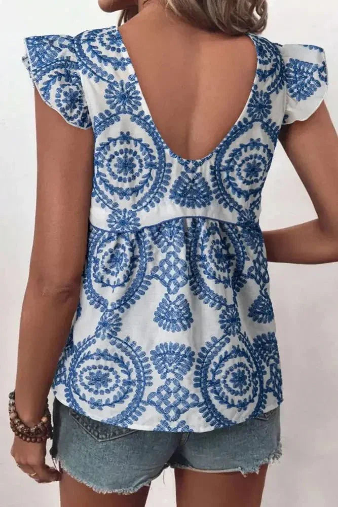 Boho Print Ruffled Cap Sleeve Crew Neck Blouse - Update AvenueBoho VibesTrendsi100100059596130100100059596130cd342ebd - 35d6 - 4781 - 8755 - 0a717119a63b - Max - OriginDusty Blue