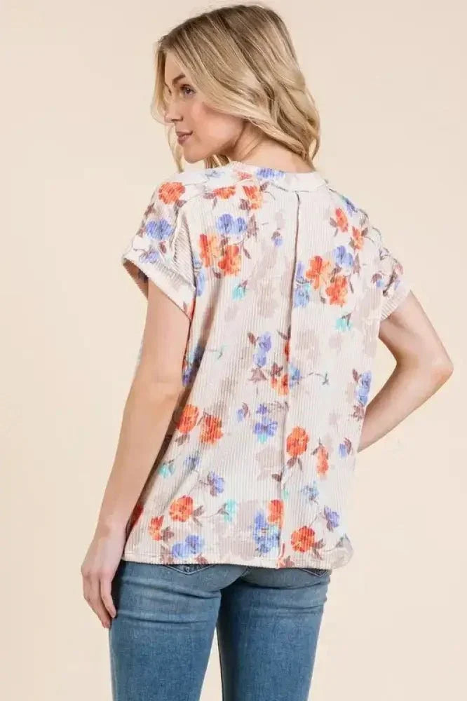 BOMBOM Floral Round Neck RIbbed T-Shirt - Update AvenueT-ShirtsTrendsi100100607391190100100607391190f39c445934324f92ada159659bae9b85 - Max - OriginAS SHOWN