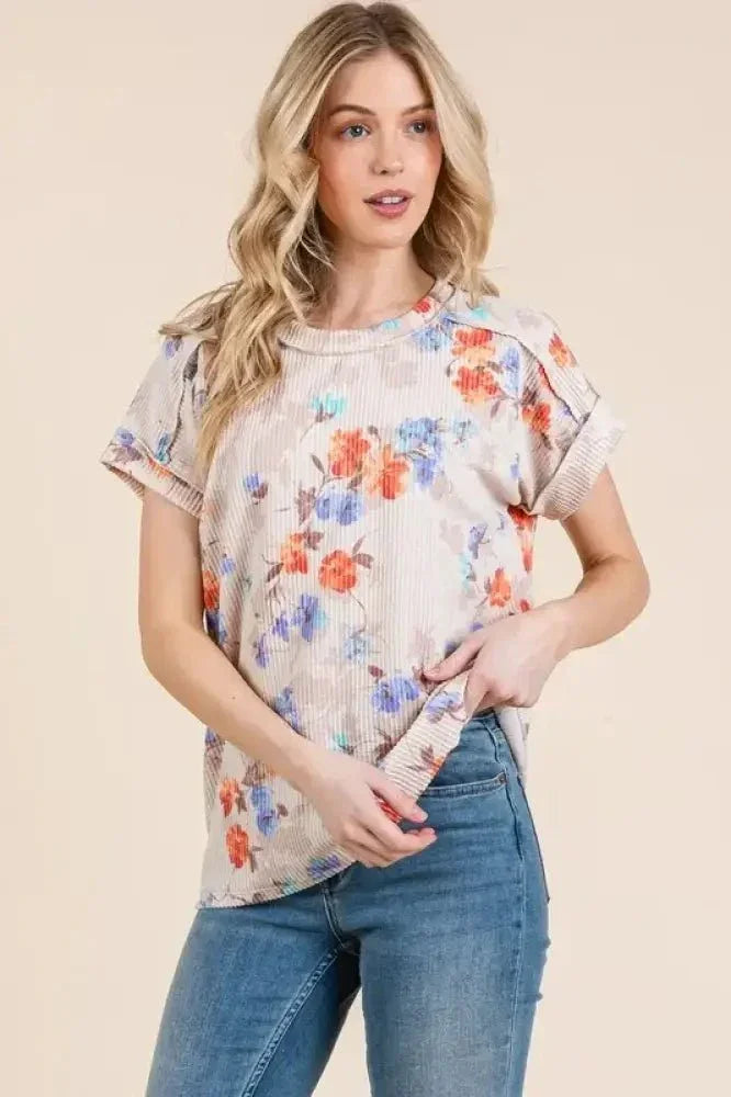 BOMBOM Floral Round Neck RIbbed T-Shirt - Update AvenueT-ShirtsTrendsi1001006073911901001006073911905397f33e75e943548e75dcdd8770d6b6 - Max - OriginAS SHOWN