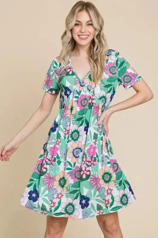 BOMBOM Ruched Floral V - Neck Short Sleeve Dress - Update AvenueEffortless Elegance: DressesTrendsi100100539521045100100539521045c47b415b - 3690 - 416e - 8e4d - bad29ab029eb - Max - OriginGum Leaf