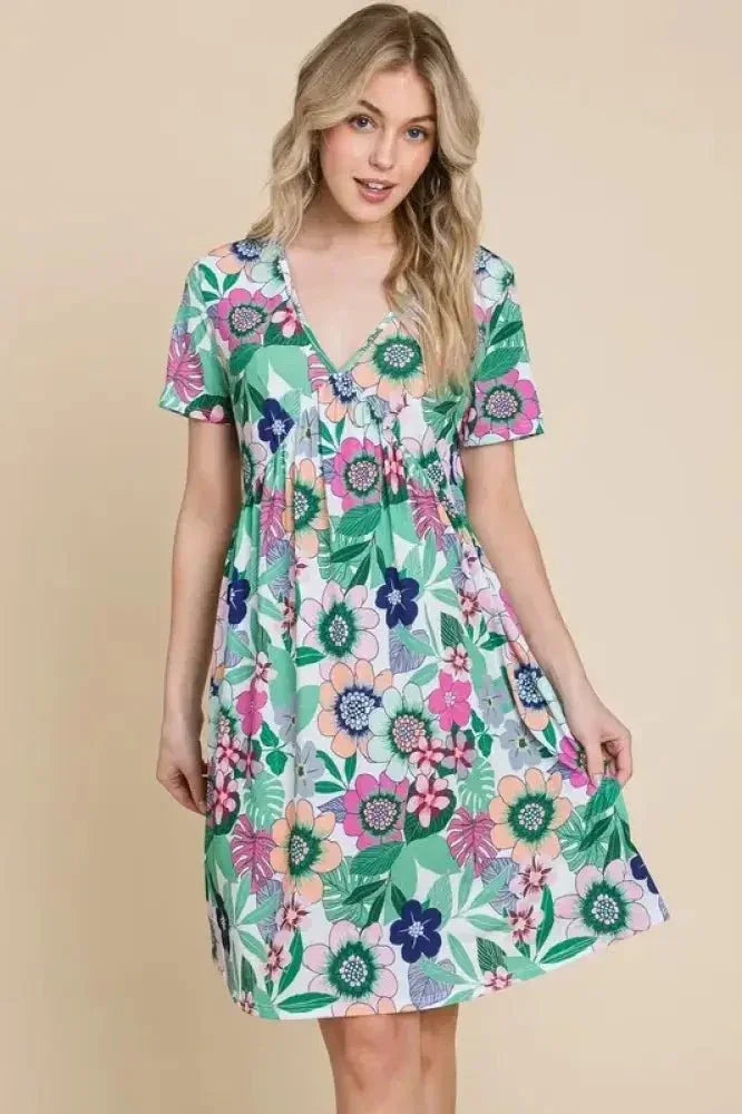 BOMBOM Ruched Floral V - Neck Short Sleeve Dress - Update AvenueEffortless Elegance: DressesTrendsi1001005395210451001005395210451e4562e9 - a876 - 4232 - 87b6 - 3e5806318d53 - Max - OriginGum Leaf