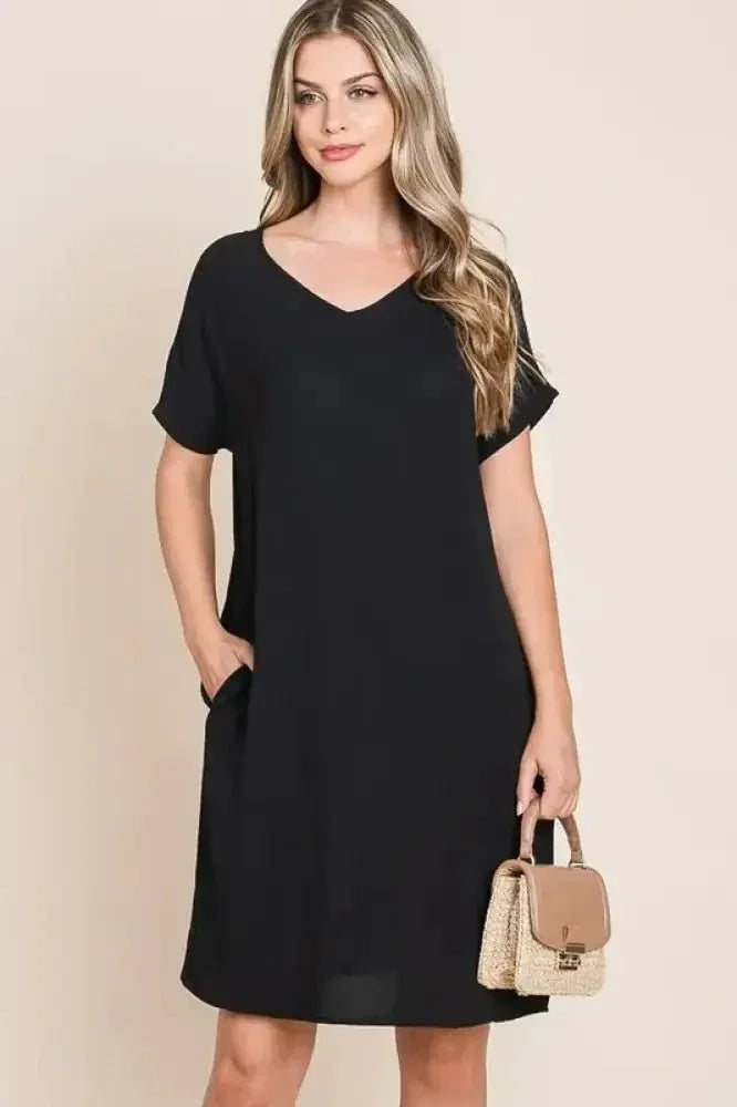 BOMBOM V - Neck Short Sleeve Dress with Pockets - Update AvenueEffortless Elegance: DressesTrendsi100100326591975100100326591975f7aeb28a - ac84 - 466c - bb89 - e7af81eac8ea - Max - OriginBlack