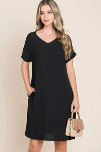 BOMBOM V - Neck Short Sleeve Dress with Pockets - Update AvenueEffortless Elegance: DressesTrendsi100100326591975100100326591975f7aeb28a - ac84 - 466c - bb89 - e7af81eac8ea - Max - OriginBlack