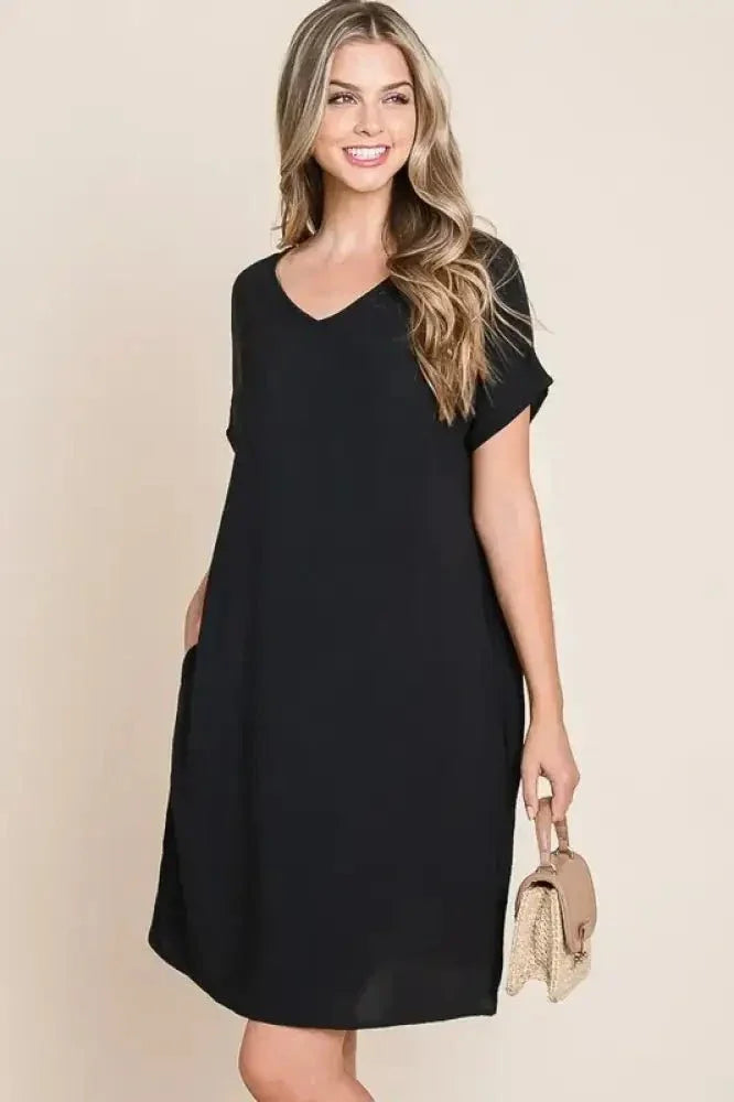 BOMBOM V - Neck Short Sleeve Dress with Pockets - Update AvenueEffortless Elegance: DressesTrendsi100100326591975100100326591975a8b1dfcb - 7f47 - 4d4a - 8b20 - f0ffc60788da - Max - OriginBlack