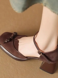 Bow Block Heel Ankle Strap Pumps