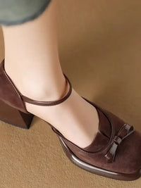 Bow Block Heel Ankle Strap Pumps