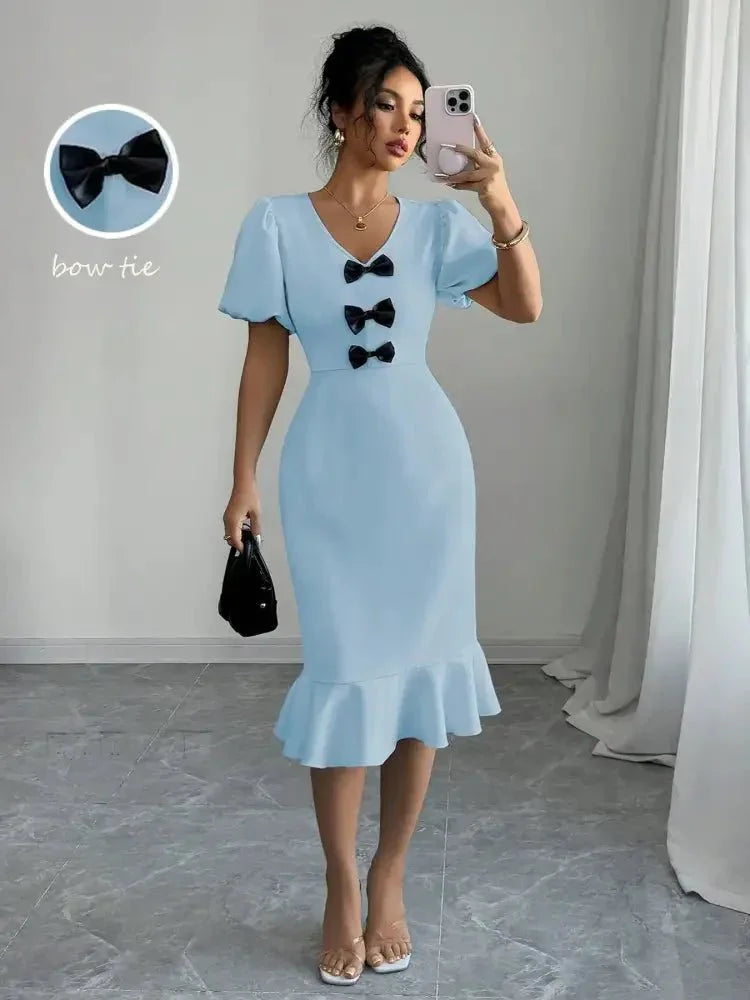 Bow Detail Puff Sleeve Midi Dress - Update AvenueCasual DressesTrendsi100100538311809100100538311809Bow Detail Puff Sleeve Midi DressLight Blue