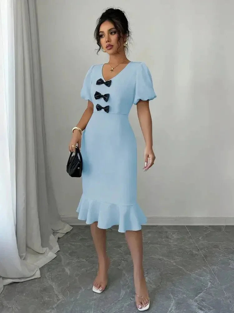 Bow Detail Puff Sleeve Midi Dress - Update AvenueCasual DressesTrendsi100100538311809100100538311809Bow Detail Puff Sleeve Midi DressLight Blue