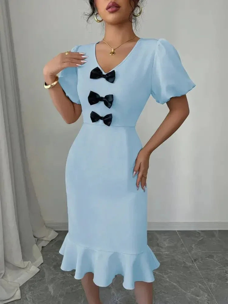 Bow Detail Puff Sleeve Midi Dress - Update AvenueCasual DressesTrendsi100100538311809100100538311809Bow Detail Puff Sleeve Midi DressLight Blue