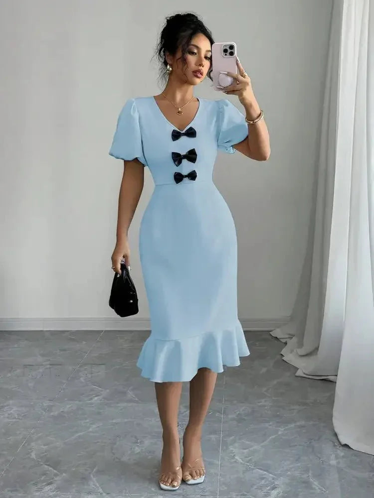 Bow Detail Puff Sleeve Midi Dress - Update AvenueCasual DressesTrendsi100100538311809100100538311809Bow Detail Puff Sleeve Midi DressLight Blue