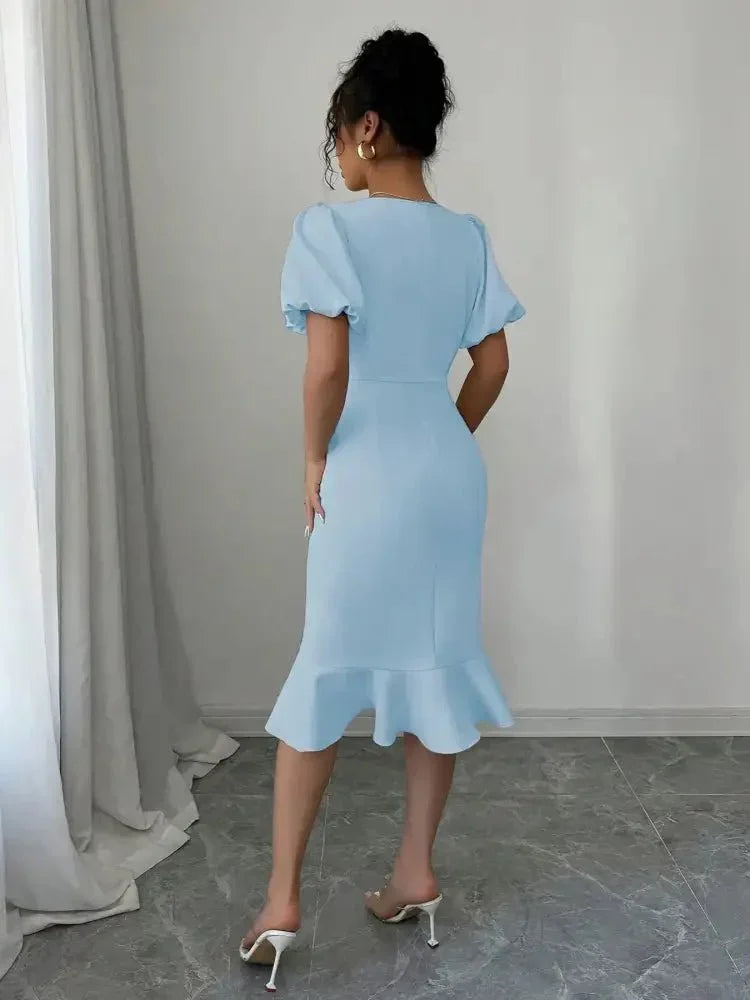 Bow Detail Puff Sleeve Midi Dress - Update AvenueCasual DressesTrendsi100100538311809100100538311809Bow Detail Puff Sleeve Midi DressLight Blue
