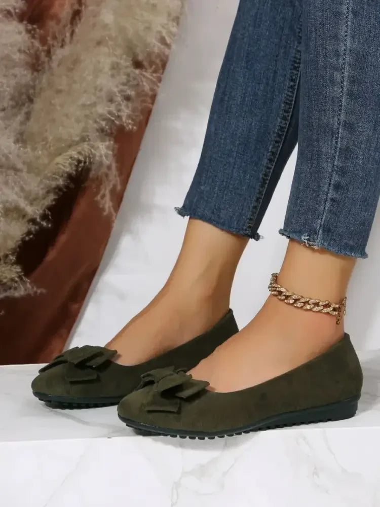 Bow Solid Color Round Toe Flat Slip-Ons