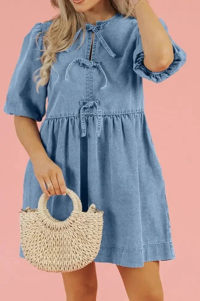 Bowknot Round Neck Half Sleeve Denim Dress - Update AvenueDenim Dresses & SkirtsTrendsi100100612461909100100612461909e480b9fa - 01a4 - 4424 - 807b - 4b8048badac1 - MaxMedium