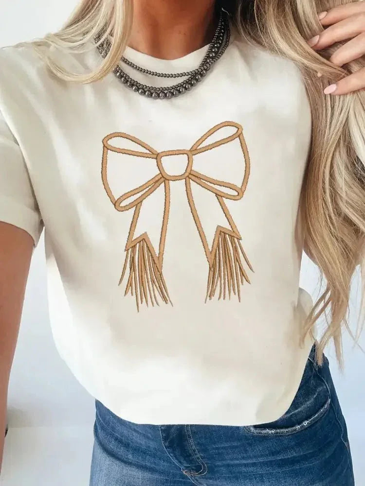 Bowknot Western Round Neck T Shirt - Update AvenueT-ShirtsTrendsi100100803582516100100803582516bdafef8a0b39480db0eab1592b451cb8 - Max - OriginWhite