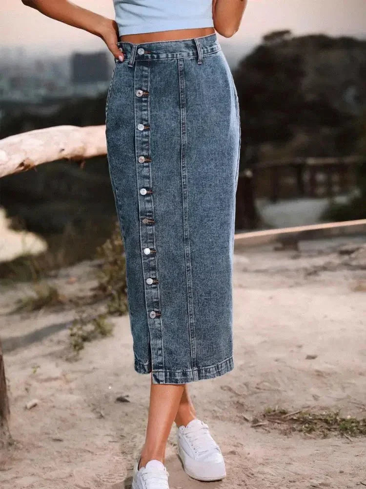 Button Down Denim Skirt - Update AvenueDenim Dresses & SkirtsTrendsi100100360573518100100360573518891d1ea80615405f93864625024aca0a - MaxNavy